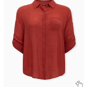 TORRID RED TERRACOTTA GAUZE BUTTON FRONT RELAXED FIT TUNIC SHIRT